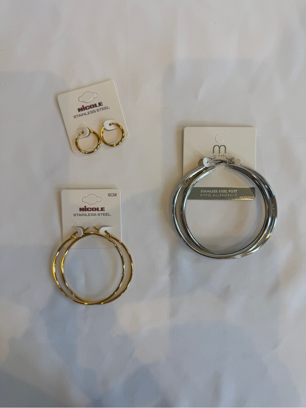 NWT Stainless Steel Hoop Earrings Set - Gold & Silver (3 Pairs)